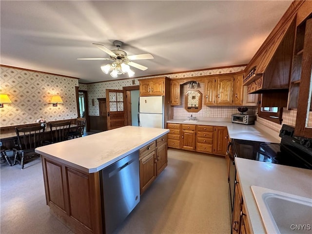 4076 State Highway 37, Morristown, NY 13669 - kitchen with freestanding refrigerator, stainless steel dishwasher, black range with electric stovetop, wallpapered walls, and light countertops