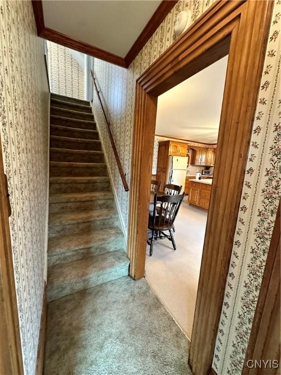 4076 State Highway 37, Morristown, NY 13669 - stairway featuring wallpapered walls, carpet floors, and crown molding