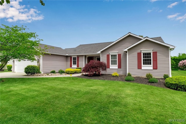 735 Pletcher Rd, Lewiston, NY 14092 - single story home with a front lawn, an attached garage, driveway, and a shingled roof