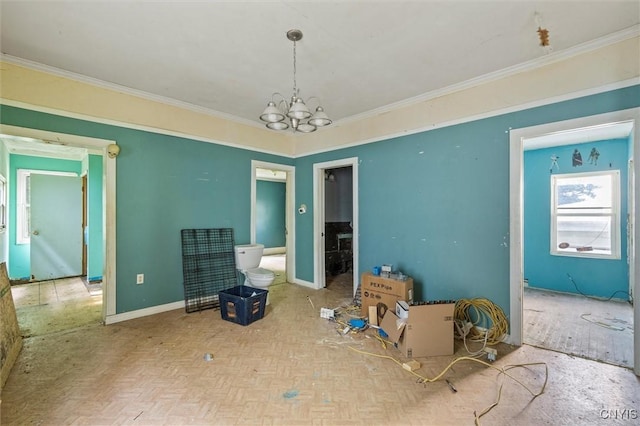 207 Boyden St, Syracuse, NY 13203 - unfurnished dining area with ornamental molding and a chandelier