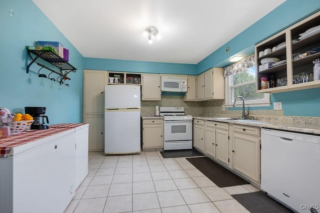 17 Hummingbird Pl, Clay, NY 13090 - kitchen with white appliances, open shelves, light tile patterned floors, cream cabinetry, and light stone counters