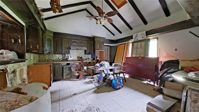 756 Herkimer Rd, Utica, NY 13502 - kitchen with a ceiling fan, decorative backsplash, light tile patterned floors, beam ceiling, and high vaulted ceiling