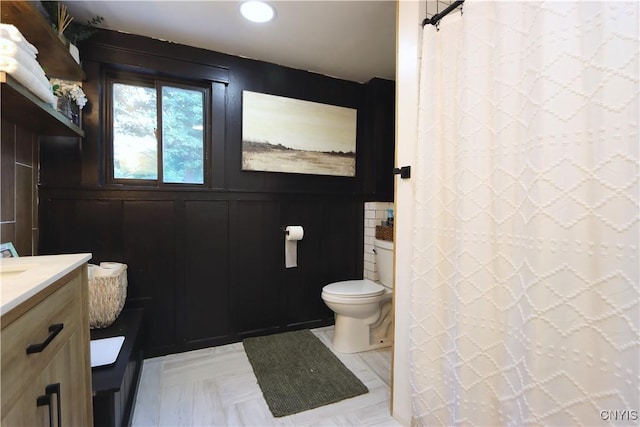 31768 Wilton Rd, Rutland, NY 13619 - full bathroom with vanity, a decorative wall, curtained shower, and recessed lighting