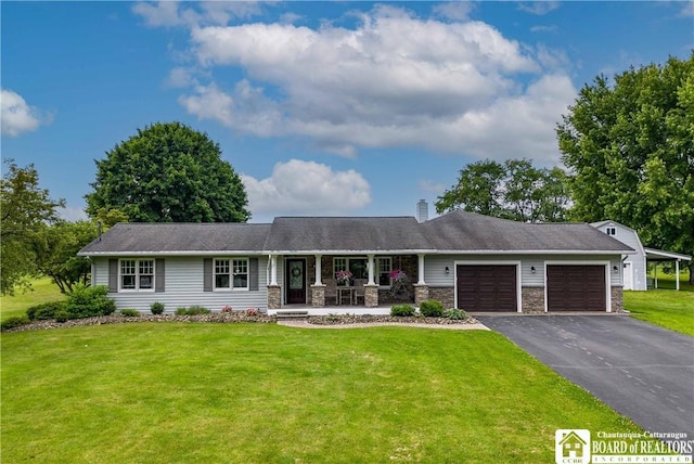 21 Messinger Rd, Randolph, NY 14772 - ranch-style house featuring a garage, a porch, a front yard, driveway, and stone siding