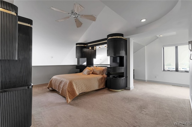 40 Waterfront Cir, Buffalo, NY 14202 - bedroom with carpet, lofted ceiling, recessed lighting, and a ceiling fan
