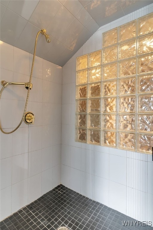 40 Waterfront Cir, Buffalo, NY 14202 - bathroom featuring a tile shower and vaulted ceiling