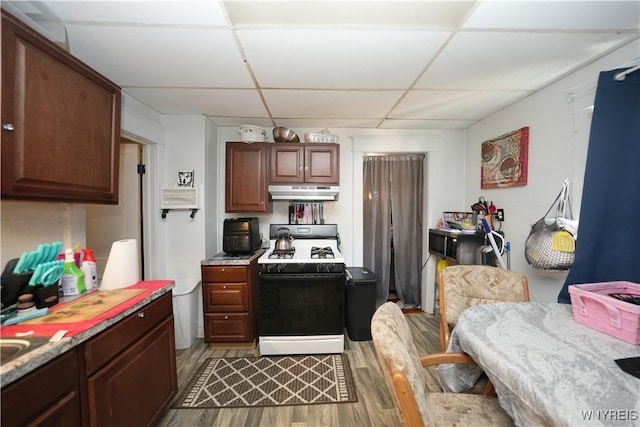 377 Pine Ridge Rd, Cheektowaga, NY 14225 - kitchen featuring white range with gas cooktop, a paneled ceiling, light wood-style floors, under cabinet range hood, and light countertops