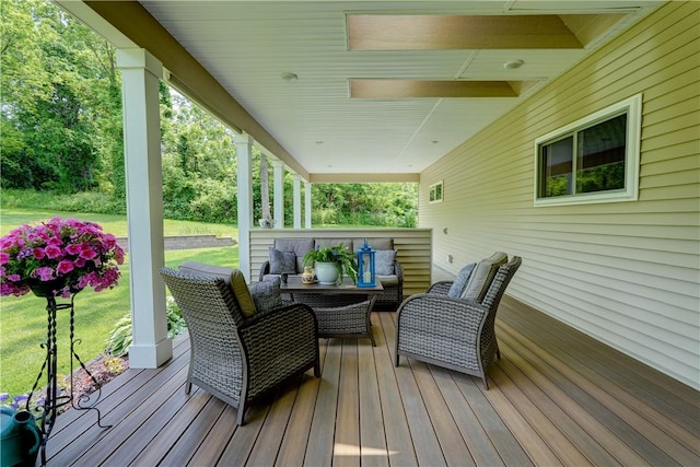 4338 State Route 90, Springport, NY 13160 - wooden terrace featuring an outdoor hangout area and a yard