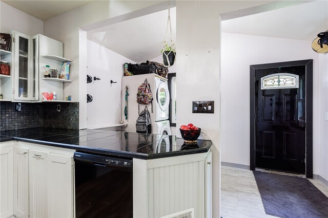 3839 Thompson Ave, Castile, NY 14549 - kitchen featuring dishwasher, open shelves, white cabinetry, decorative backsplash, and lofted ceiling