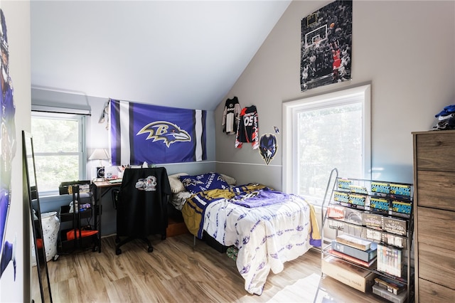 3839 Thompson Ave, Castile, NY 14549 - bedroom with lofted ceiling, wood finished floors, and a desk