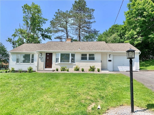 17 Benton Cir, New Hartford, NY 13501 - ranch-style home with asphalt driveway, a chimney, an attached garage, a front yard, and roof with shingles