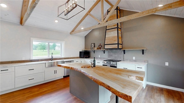 3228 County Road 28, Reading, NY 14891 - kitchen with stainless steel appliances, open shelves, white cabinets, dark wood finished floors, and wooden ceiling