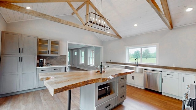 3228 County Road 28, Reading, NY 14891 - kitchen featuring appliances with stainless steel finishes, wood counters, healthy amount of natural light, light wood-style floors, and wooden ceiling