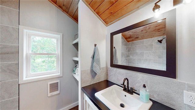 3228 County Road 28, Reading, NY 14891 - full bathroom featuring wood ceiling, heating unit, vanity, backsplash, and a shower
