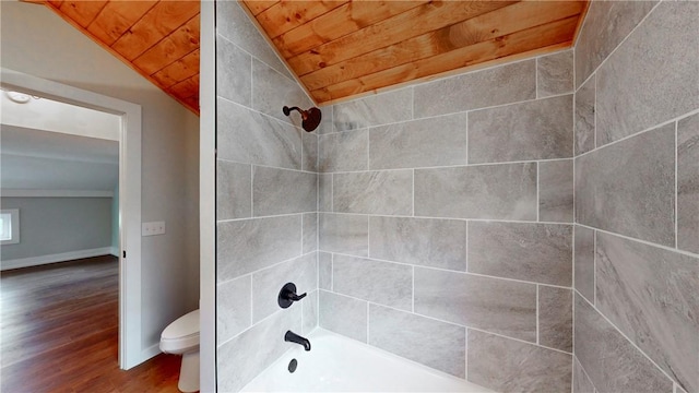 3228 County Road 28, Reading, NY 14891 - bathroom with shower / washtub combination, wood finished floors, wooden ceiling, and lofted ceiling