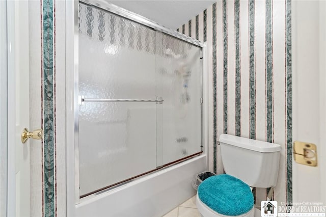 12 Ahrens Pl, Pomfret, NY 14063 - bathroom with enclosed tub / shower combo, wallpapered walls, and tile patterned flooring