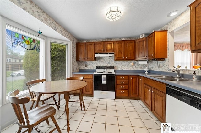 12 Ahrens Pl, Pomfret, NY 14063 - kitchen featuring range with electric cooktop, white dishwasher, range hood, brown cabinets, and a textured ceiling