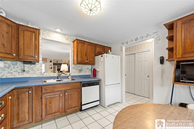 12 Ahrens Pl, Pomfret, NY 14063 - kitchen with white appliances, brown cabinets, light tile patterned flooring, open shelves, and a textured ceiling