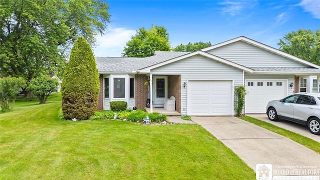 12 Ahrens Pl, Pomfret, NY 14063 - single story home with an attached garage, a front lawn, driveway, roof with shingles, and brick siding