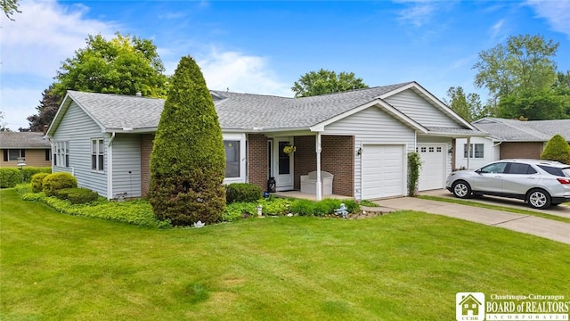 12 Ahrens Pl, Pomfret, NY 14063 - ranch-style home with an attached garage, a front lawn, concrete driveway, a shingled roof, and brick siding