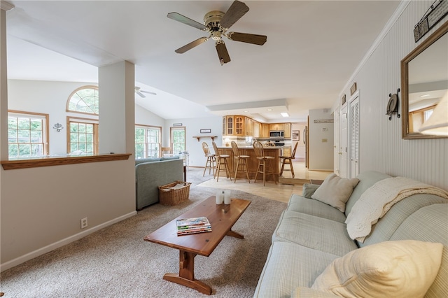 208 Blackwell Ln, Henrietta, NY 14467 - living area with ceiling fan, lofted ceiling, and light colored carpet