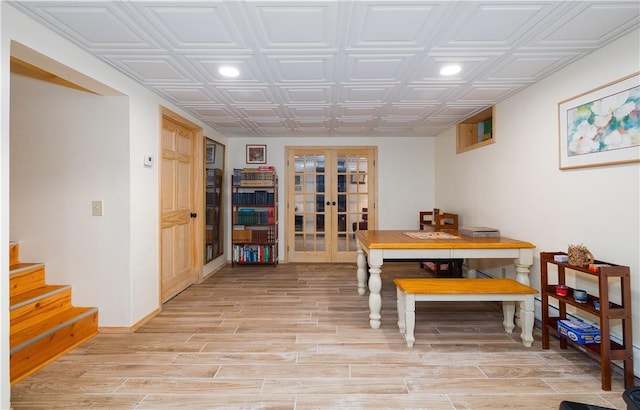 377 Bingham Center Rd, Bingham, PA 16923 - dining room with french doors, light wood-type flooring, recessed lighting, an ornate ceiling, and stairway