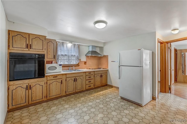 45 Eckhert St, Buffalo, NY 14207 - kitchen featuring white appliances, wall chimney range hood, light countertops, decorative backsplash, and brown cabinetry