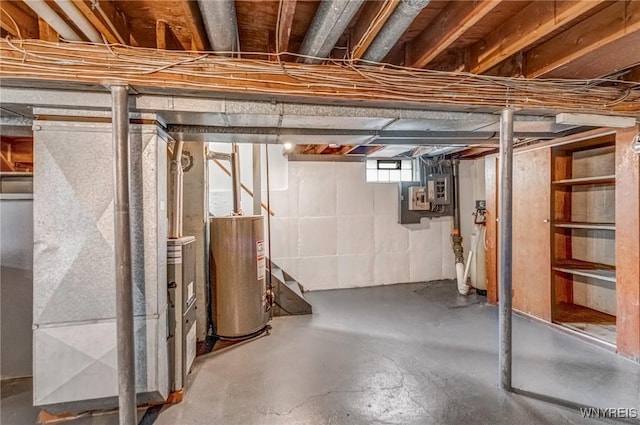 45 Eckhert St, Buffalo, NY 14207 - basement with gas water heater, electric panel, stairs, and heating unit