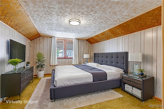 45 Eckhert St, Buffalo, NY 14207 - carpeted bedroom with vaulted ceiling and wooden walls