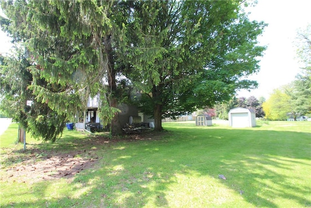 136 Knapp St, Albion, NY 14411 - view of green lawn featuring a storage shed and a detached garage