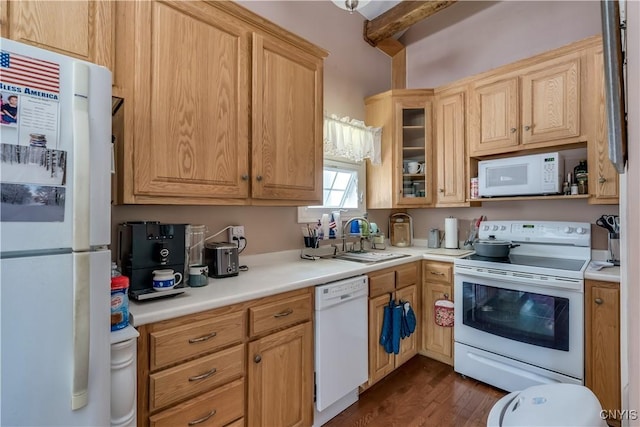 6685 State Route 26, Martinsburg, NY 13404 - kitchen featuring white appliances, dark wood finished floors, light countertops, and glass insert cabinets