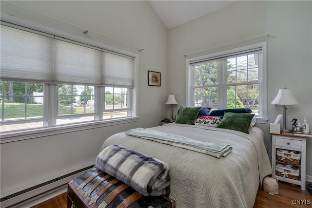 6685 State Route 26, Martinsburg, NY 13404 - bedroom with multiple windows, lofted ceiling, a baseboard heating unit, and wood finished floors