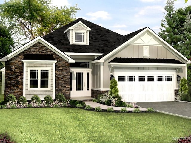 41 River Oak Ln, Amherst, NY 14051 - view of front of property with stone siding, a front lawn, driveway, board and batten siding, and french doors