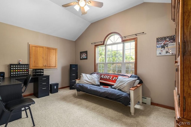98 Krystyna Ln Unit 6, Cato, NY 13080 - home office featuring vaulted ceiling, light carpet, a ceiling fan, and baseboard heating