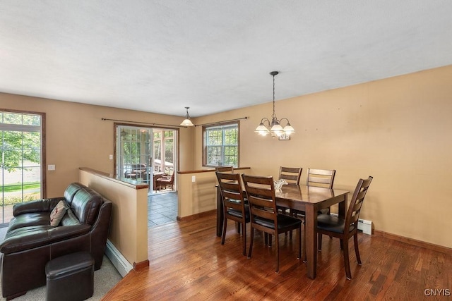 98 Krystyna Ln Unit 6, Cato, NY 13080 - dining room with wood finished floors, baseboard heating, a chandelier, and a baseboard heating unit