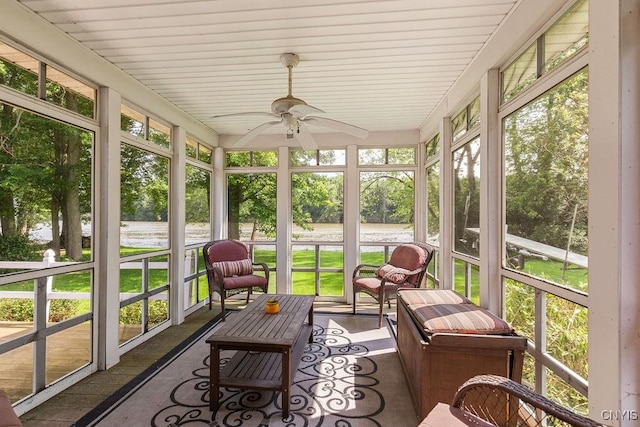 98 Krystyna Ln Unit 6, Cato, NY 13080 - sunroom / solarium featuring a water view, ceiling fan, and view of scattered trees