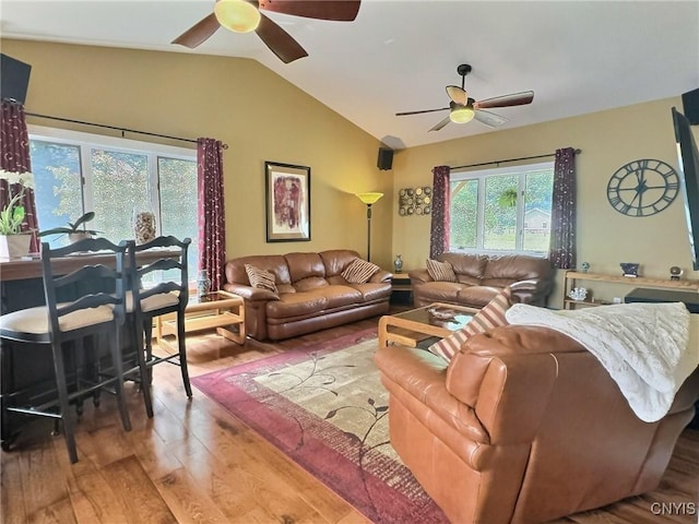 7530 Song Lake Rd, Preble, NY 13159 - living room featuring a ceiling fan, wood finished floors, and lofted ceiling
