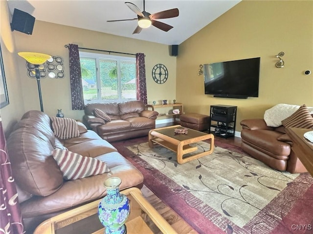 7530 Song Lake Rd, Preble, NY 13159 - living room featuring vaulted ceiling, a ceiling fan, and wood finished floors