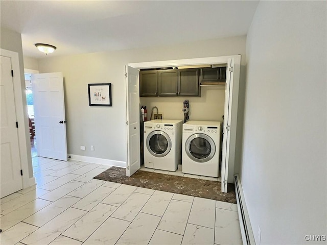 7530 Song Lake Rd, Preble, NY 13159 - washroom featuring cabinet space, independent washer and dryer, a baseboard heating unit, and light marble finish floors