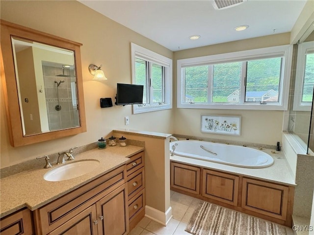 7530 Song Lake Rd, Preble, NY 13159 - bathroom with a bath, vanity, tile patterned flooring, and a tile shower