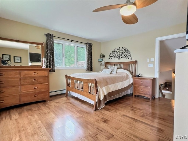 7530 Song Lake Rd, Preble, NY 13159 - bedroom featuring a baseboard heating unit, light wood-style floors, and a ceiling fan