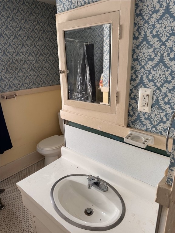 94 Wetmore Park, Rochester, NY 14606 - full bathroom with wallpapered walls, vanity, and tile patterned floors