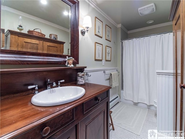 4896 Ashville Bay Rd, North Harmony, NY 14710 - bathroom featuring a baseboard heating unit, vanity, ornamental molding, a wainscoted wall, and shower / bath combo