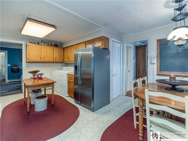4896 Ashville Bay Rd, North Harmony, NY 14710 - kitchen featuring stainless steel fridge, washing machine and dryer, brown cabinetry, a baseboard radiator, and crown molding