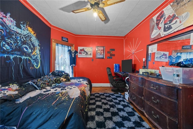 172 E 2nd St, Corning-City, NY 14830 - bedroom featuring ornamental molding, wood finished floors, a desk, and ceiling fan
