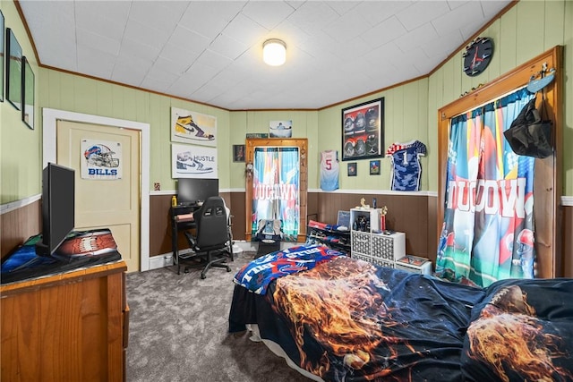 172 E 2nd St, Corning-City, NY 14830 - bedroom with carpet flooring, wooden walls, an office area, and crown molding