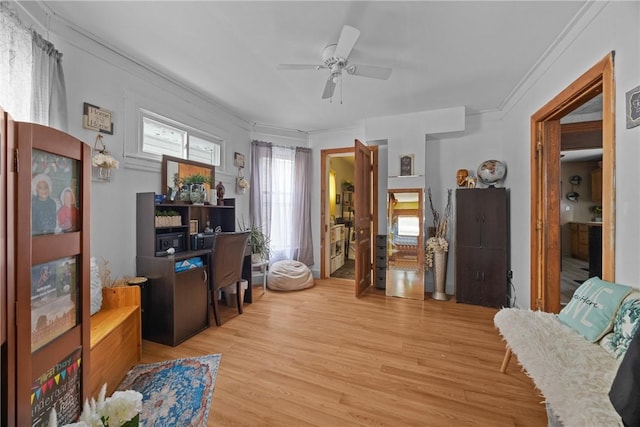 172 E 2nd St, Corning-City, NY 14830 - office area with ceiling fan, light wood-style flooring, and crown molding