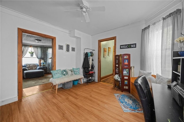 172 E 2nd St, Corning-City, NY 14830 - home office with wood finished floors, a ceiling fan, and ornamental molding
