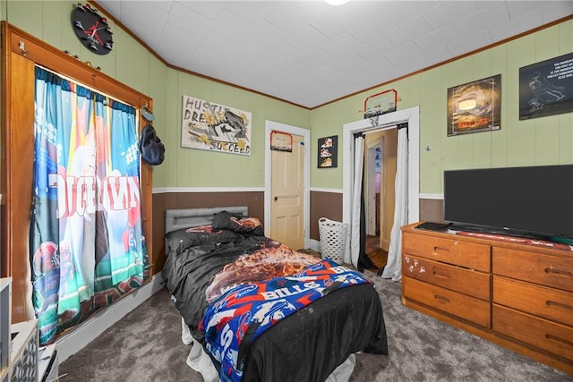 172 E 2nd St, Corning-City, NY 14830 - bedroom with carpet floors, ornamental molding, and wood walls