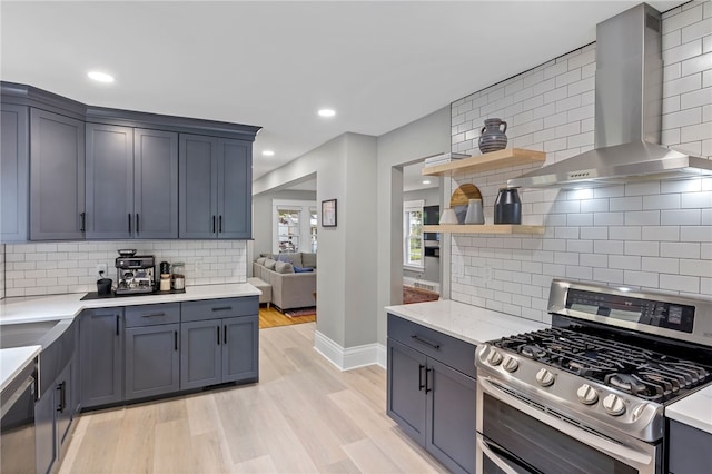 45 Croydon Rd, Rochester, NY 14610 - kitchen featuring stainless steel appliances, wall chimney range hood, tasteful backsplash, open shelves, and recessed lighting